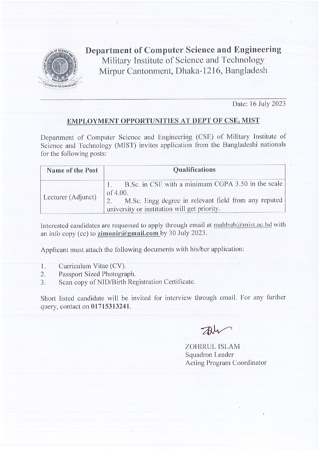 EMPLOYMENT OPPORTUNITIES AT DEPT OF CSE, MIST